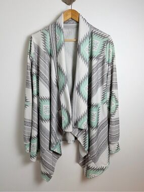 Southwestern Aztec Mint Gray Draped Open Front Cardigan